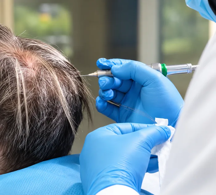 Een Biofibre®-haar wordt met de implantatiepen in de hoofdhuid geplaatst