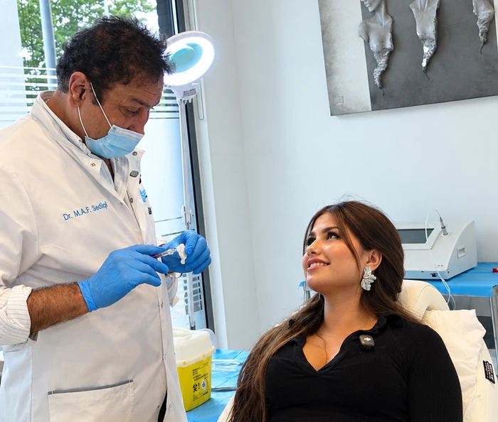Dr. Sediqi maakt een spuit klaar voor een lipfillerbehandeling; de cliënte zit in de behandelstoel en kijkt naar hem